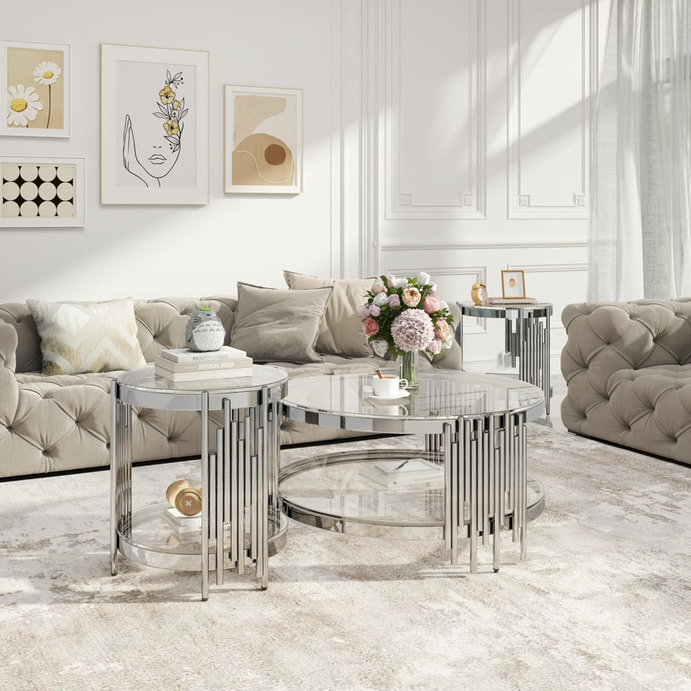 Round Glass Coffee Table Set of 3, Silver and Clear Modern Living Room Table ...
