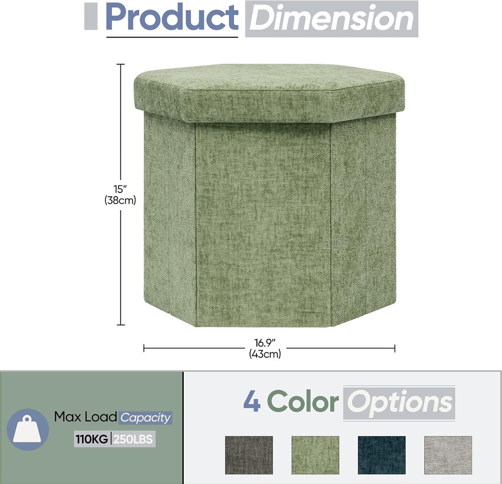 Hexagon Storage Ottoman, Foldable Chenille FootRest with Hidden Storage, Smal...