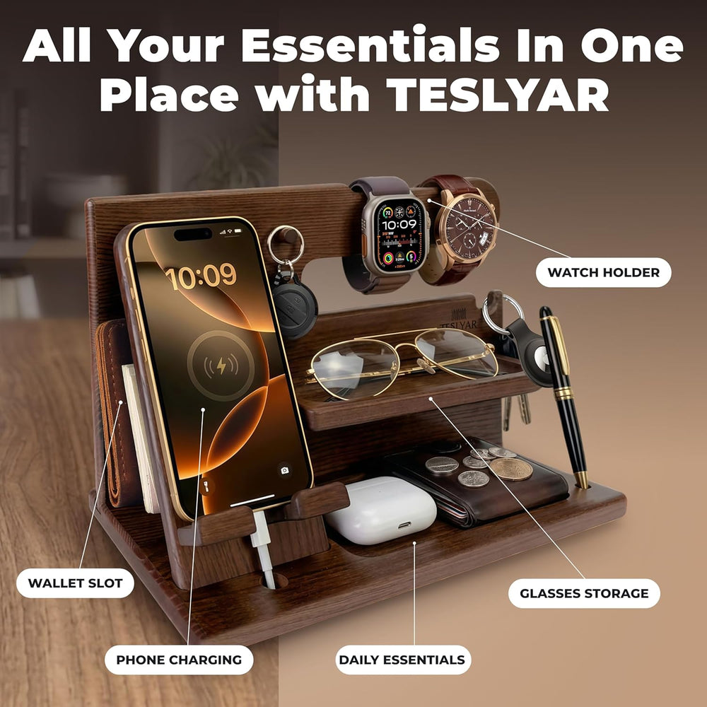 TESLYAR Wood Phone Docking Station for Men - Desk or Nightstand Organizer - B...