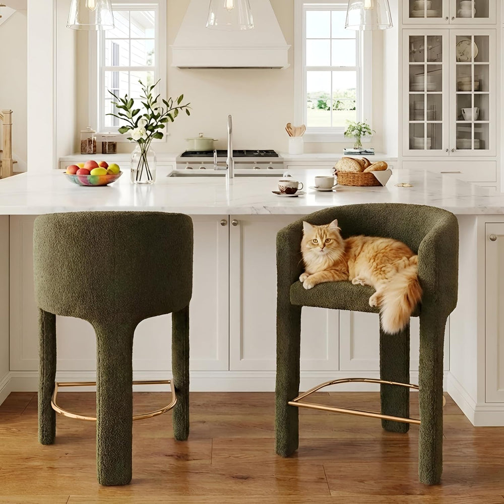 HNY Modern Barrel Bar Stools Set of 2, 26 Inch Upholstered Sherpa Counter Hei...