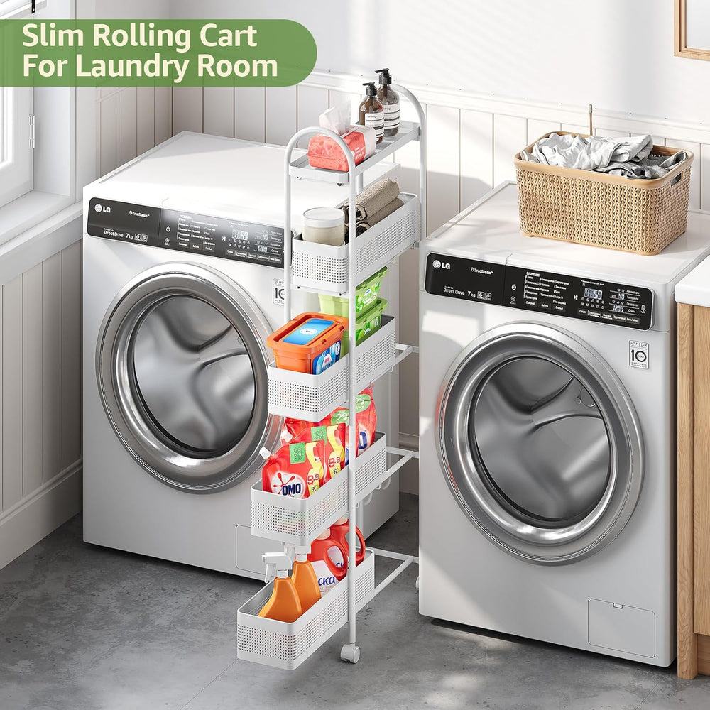 KINGRACK 5-Tier Slim Storage Cart with Pull Out Basket, Rolling Bathroom Orga...