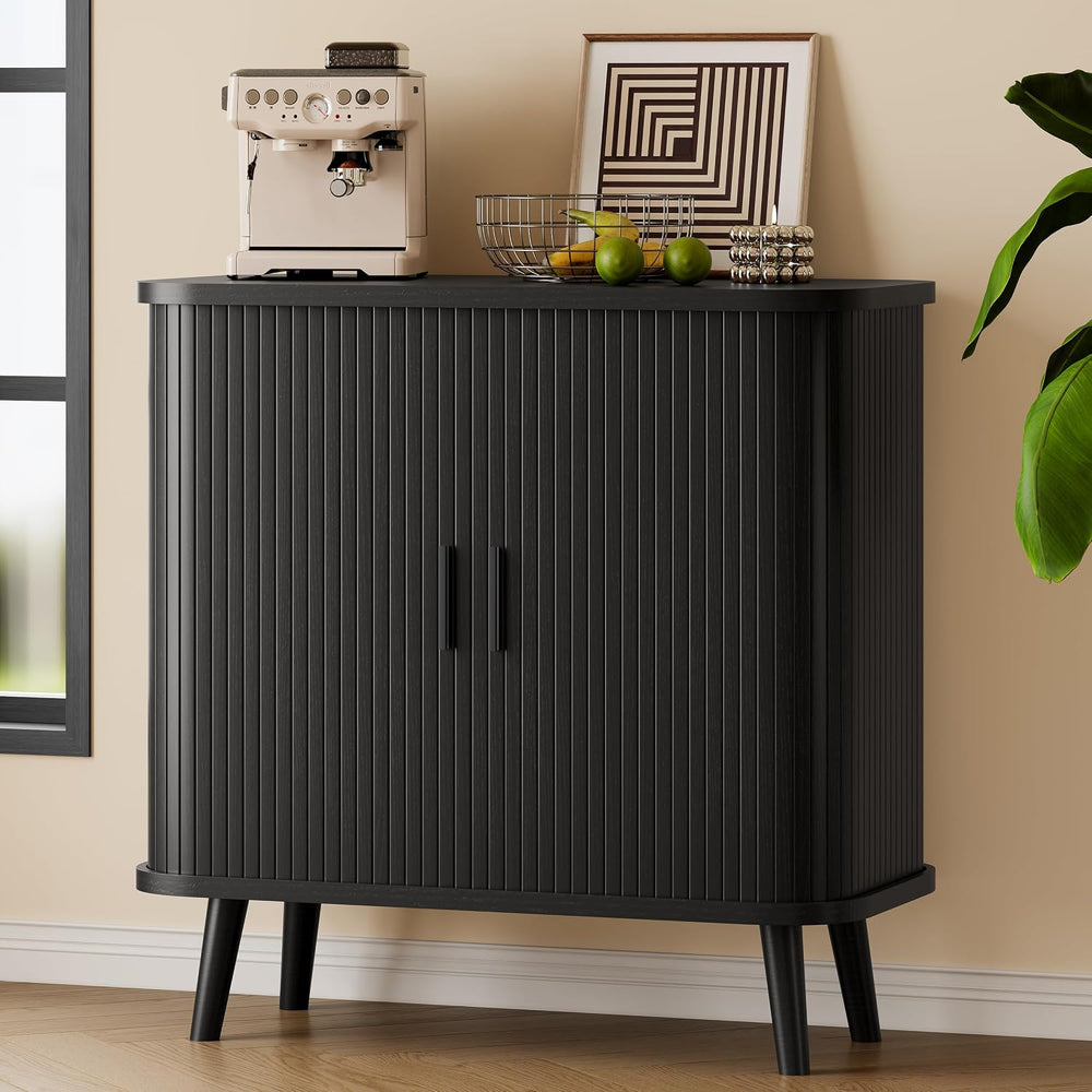 Xixini Fluted Sideboard Buffet Cabinet with Sliding Doors, 31.5", Black