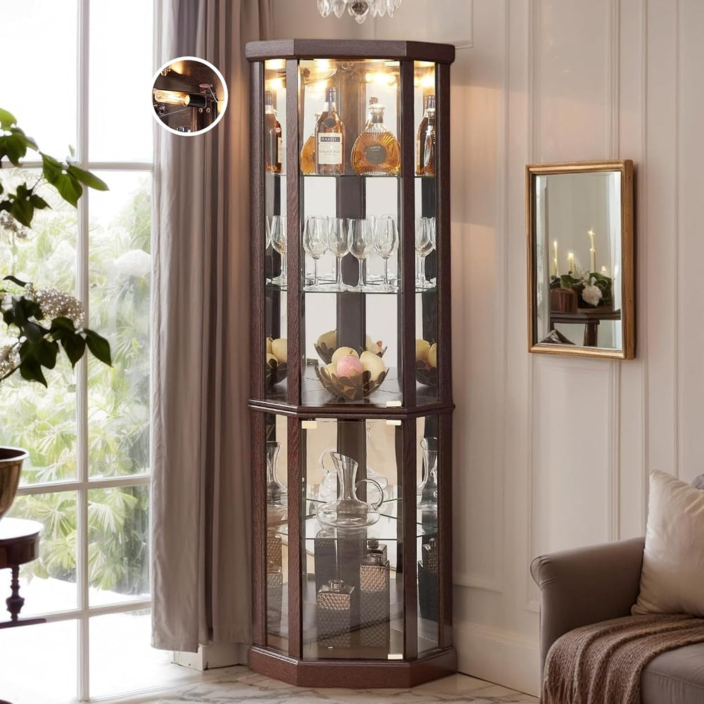 70" H Lighted Corner Curio Cabinet, Glass Display Cage with Tempered Gla...
