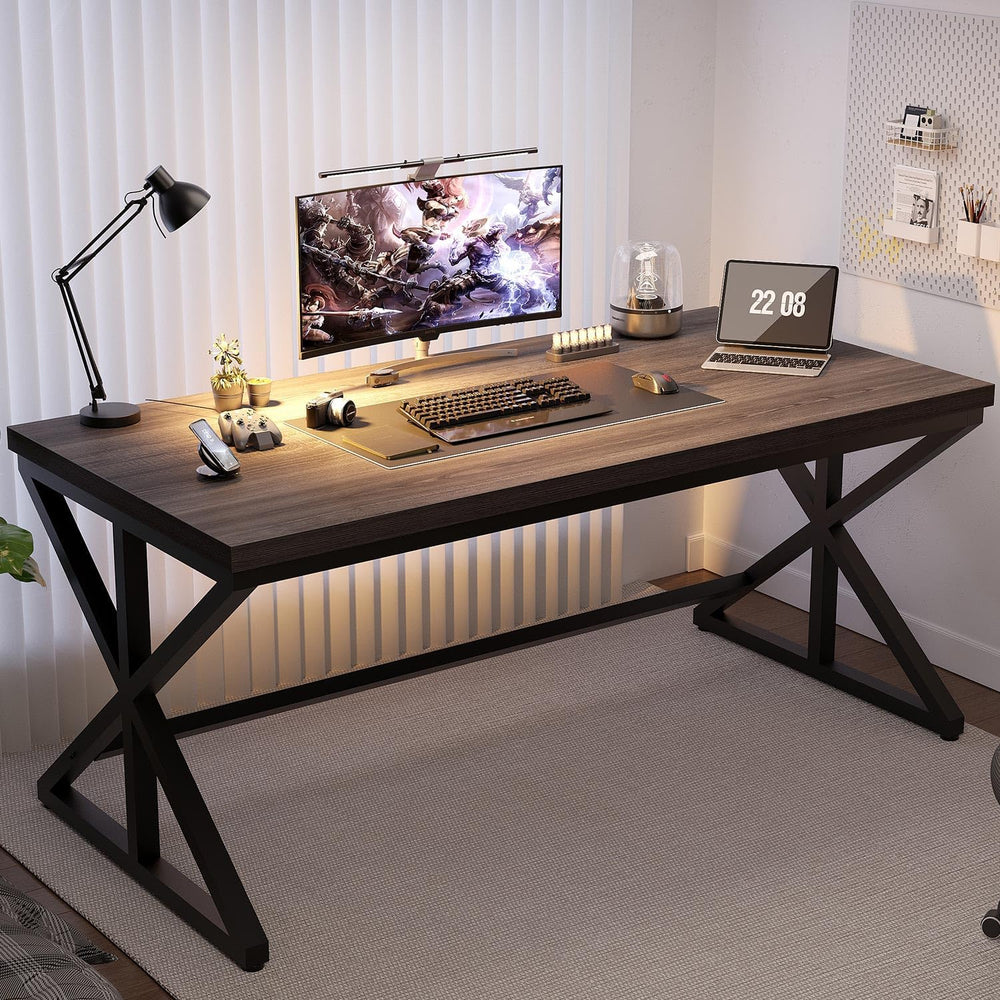 60 Inch Office Desk, Modern Wood Writing Study Computer Desk Dark Gray