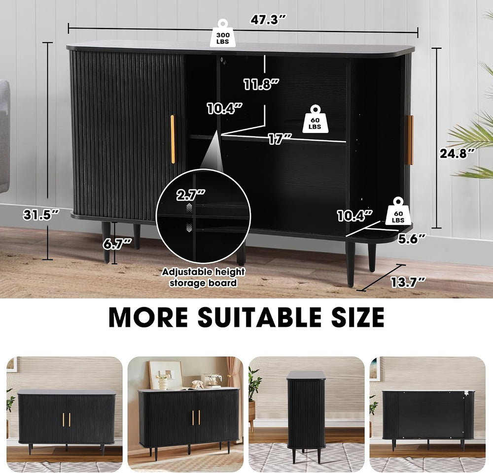 Grepatio 47" Sideboard Buffet Cabinet with Fluted Slide Doors, Tambour S...