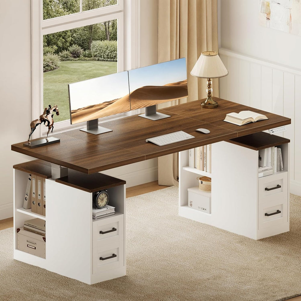 55 Inch Farmhouse Standing Desk with Storage Drawers, Walnut White