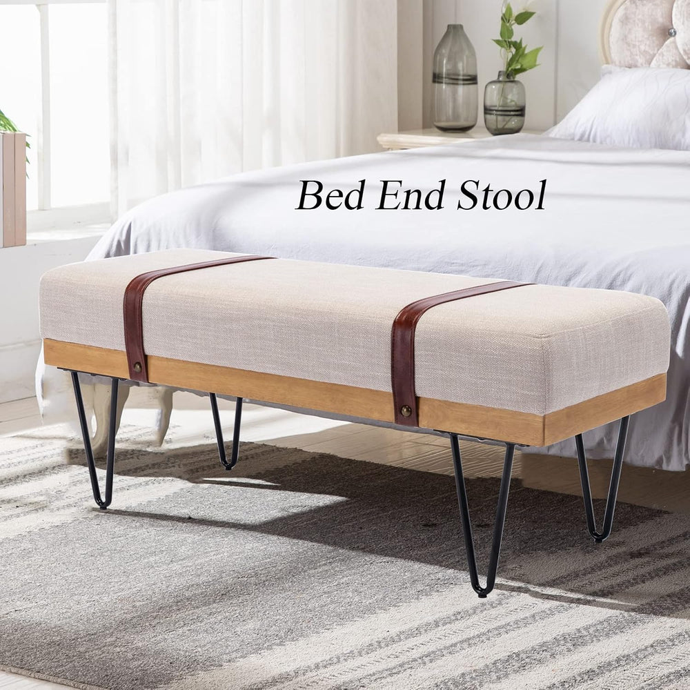 DUOMAY Industrial Modern Linen Rectangle Ottoman Bench with PU Strap and Meta...