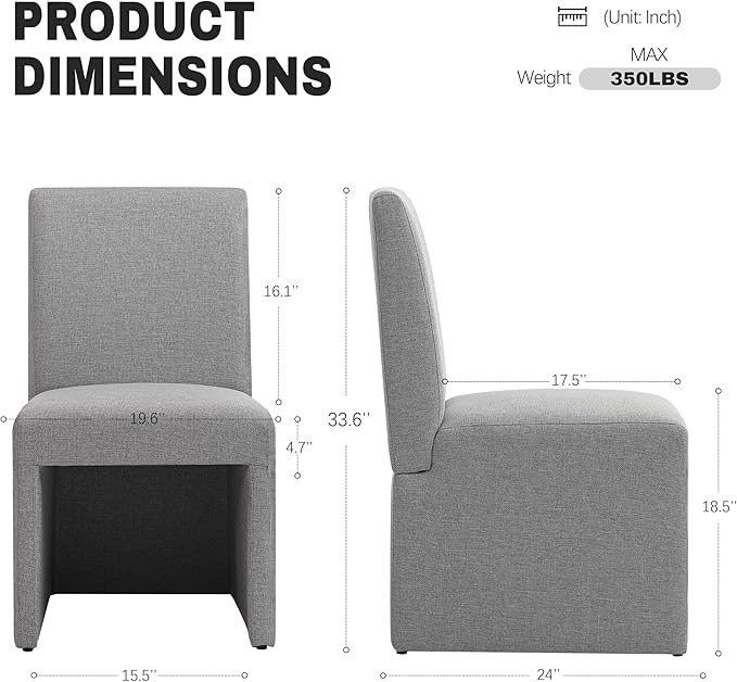 Grey Upholstered Dining Chairs Set of 2, Kitchen & Dining Room Chairs, Mi...