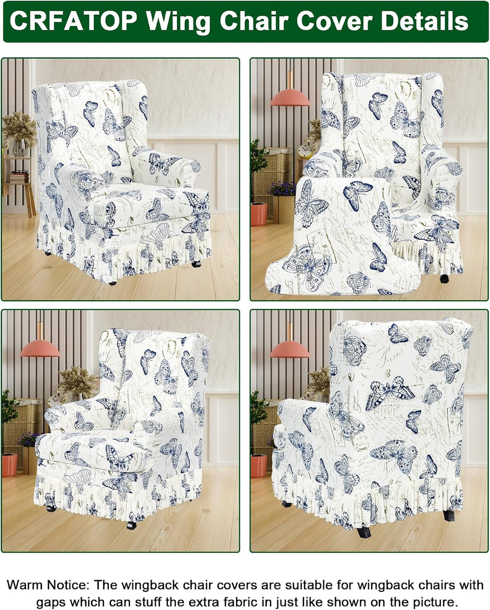 CRFATOP 2 Piece Stretch Wingback Chair Cover with Skirt for Living Room,06