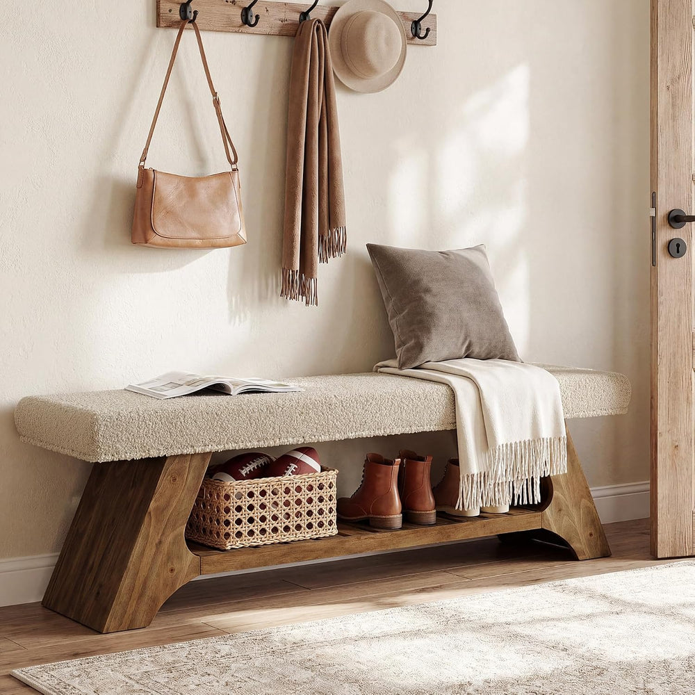 Tribesigns 55" Solid Wood Bench with Cushion and Shoe Storage, 2-Tier Up...