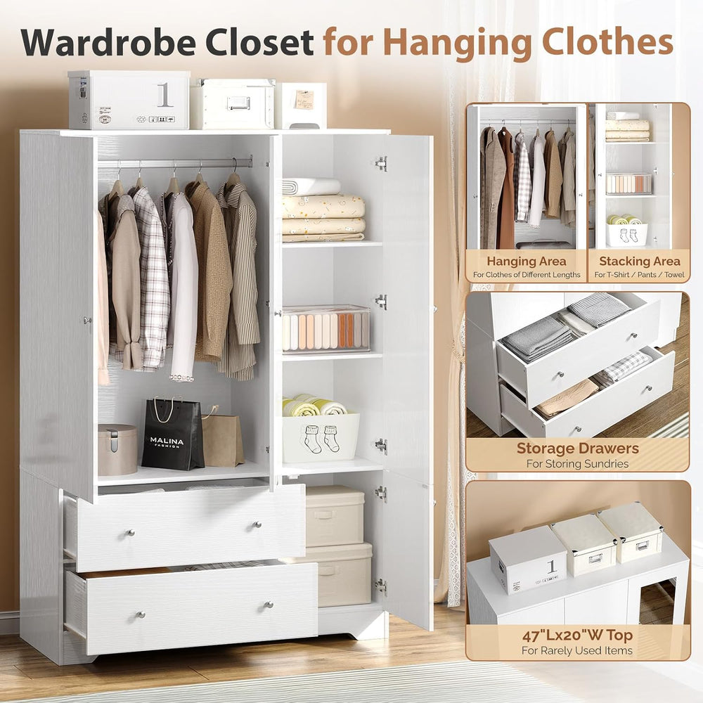 VINGLI Armoire Wardrobe Closet with Doors and Mirror,47"W Wardrobe Cabin...