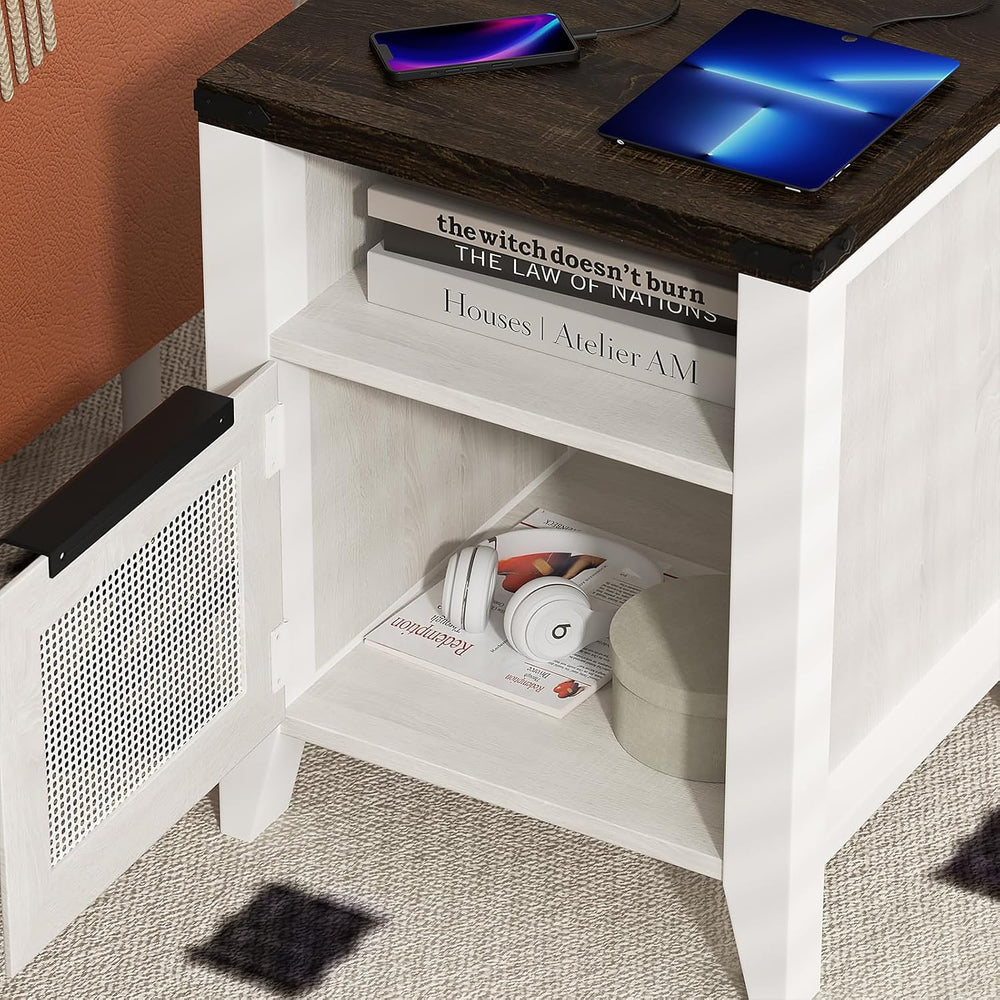 VFK Farmhouse End Table with Charging Station, 18.1" Narrow Side Table f...