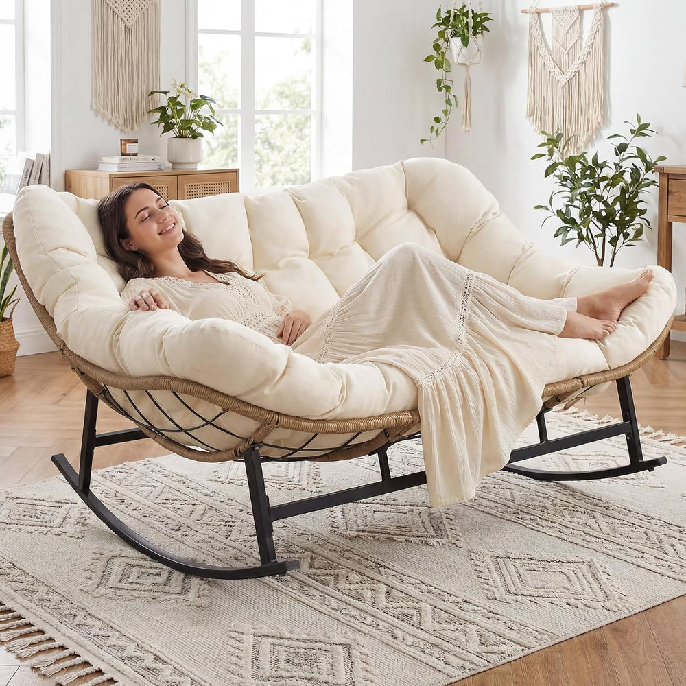 NICESOUL Oversized Double Rocking Papasan Chair with Thick Cushion, 2 Person ...