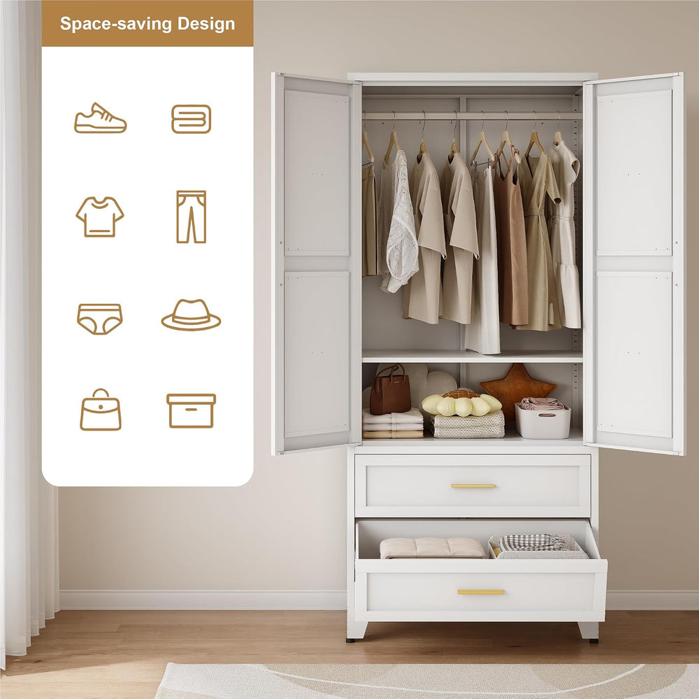 QINPTWUT 71" Tall Metal Wardrobe with Doors, Hanging Rod & Adjustabl...