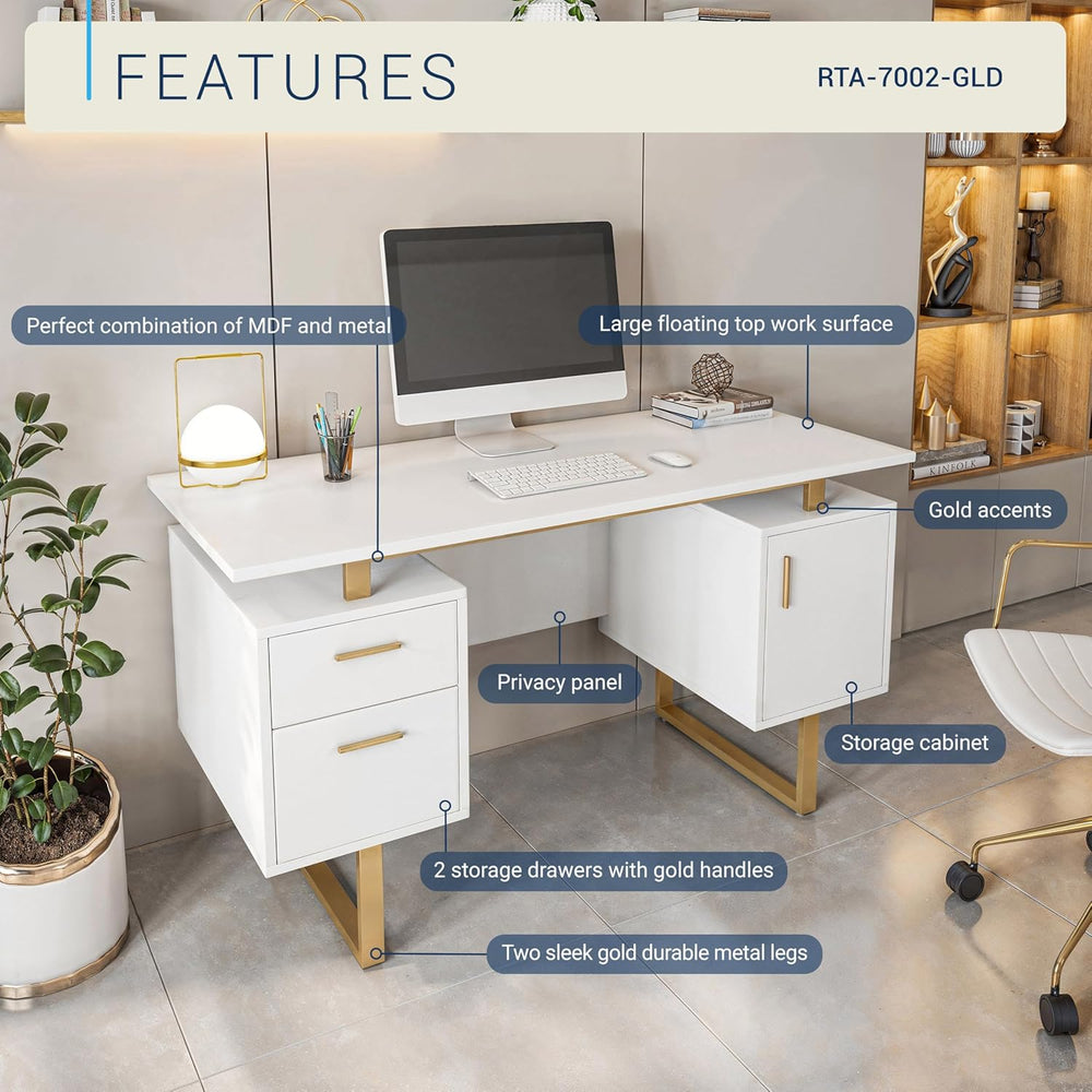 Techni Mobili 51"W Computer Desk w/ 2 Drawers & Storage Cabinet, Whi...