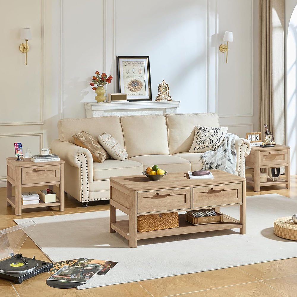 Joaxswe Farmhouse Coffee Table Set of 3, Natural Wood | Livng Room Table Sets...