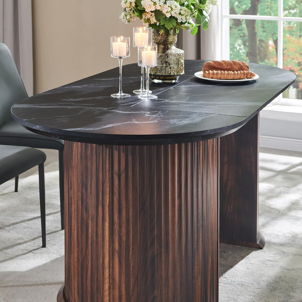 T4TREAM Fluted 63" Oval Dining Table for Kitchen Living Room, Walnut&...