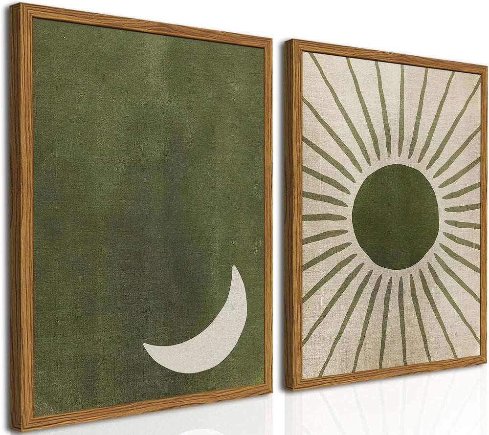 Framed Boho Sun and Moon Canvas Wall Art Set of 2, Vintage Sage Green Bohemia...