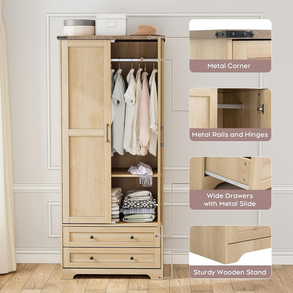 Brafab 2 Doors Wooden Armoire Wardrobe Closet with 2 Drawers, Natural | 2 Mod...