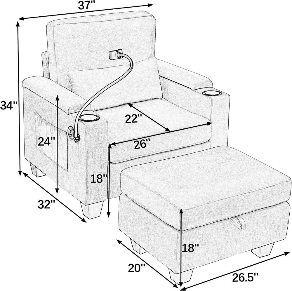 ERYE Accent Chair and Storage Ottoman Set, Versatile Single Chaise Lounger Co...