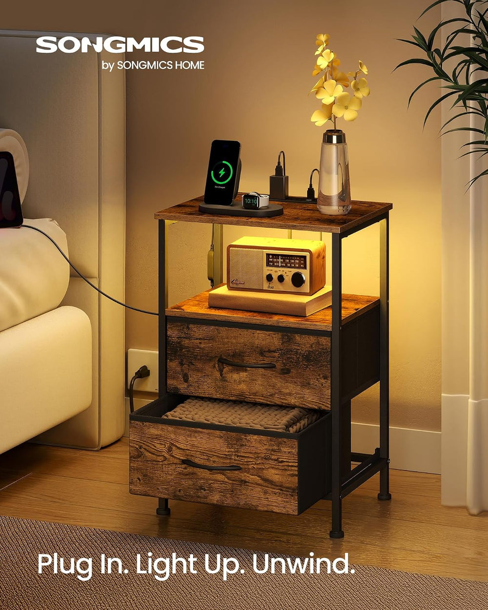 SONGMICS LED Nightstand with Charging Station, 2 Fabric Drawers, Brown
