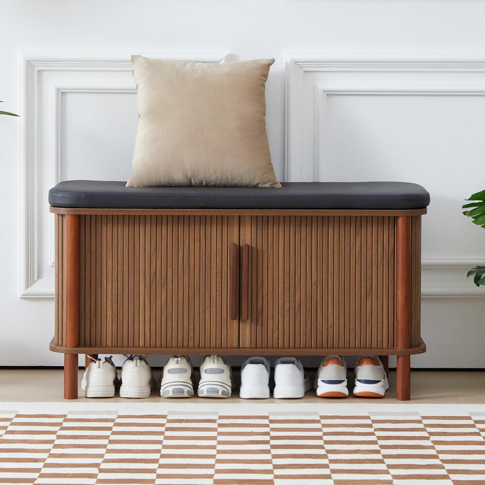 Shoe Bench, Entryway Shoe Cabinet with Leather Cushion and Sliding Door, Mode...
