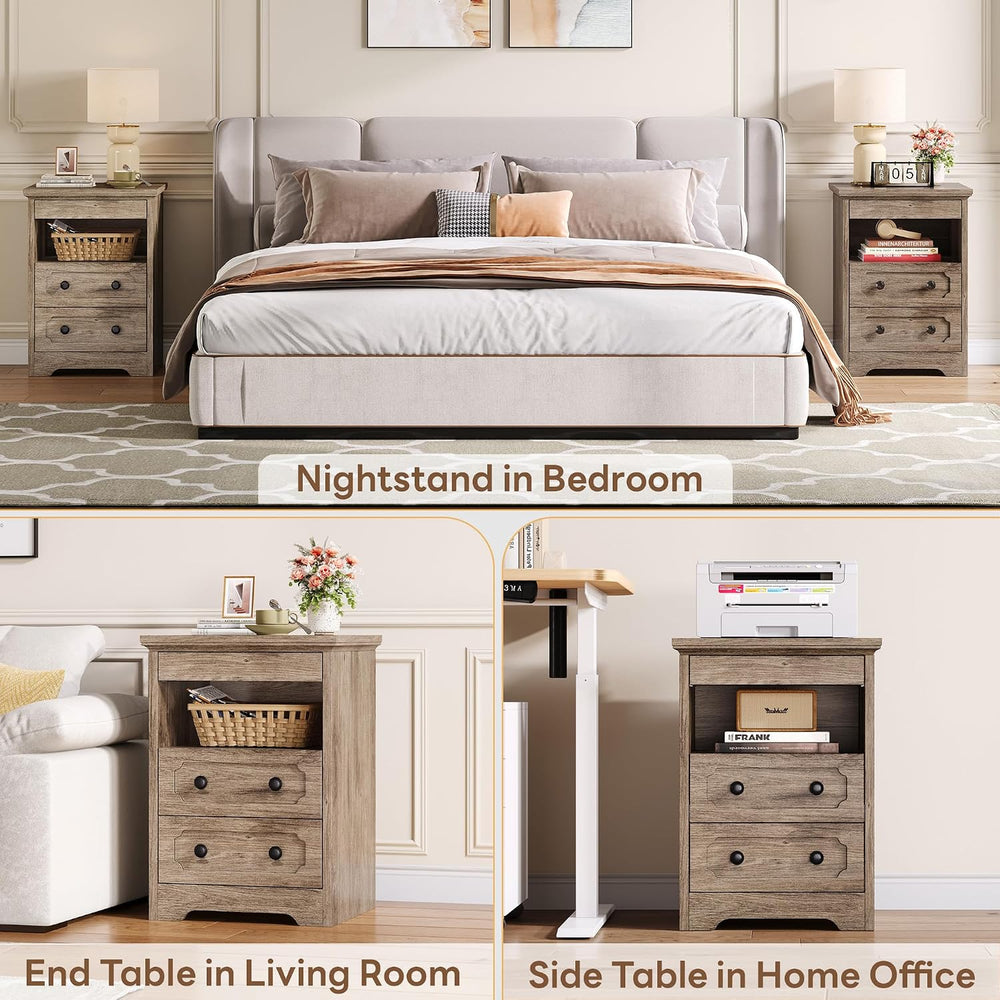 LIKIMIO Nightstand Set of 2, Night Stand with Pull Out Tray, Wooden Bedside T...
