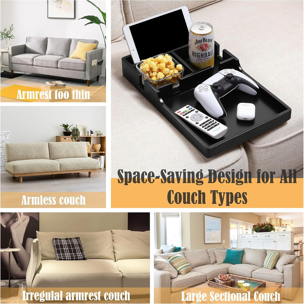 Nnewvante Couch Trays with Cup Holders Insert on Sectionals, Black | 2-in-1 b...