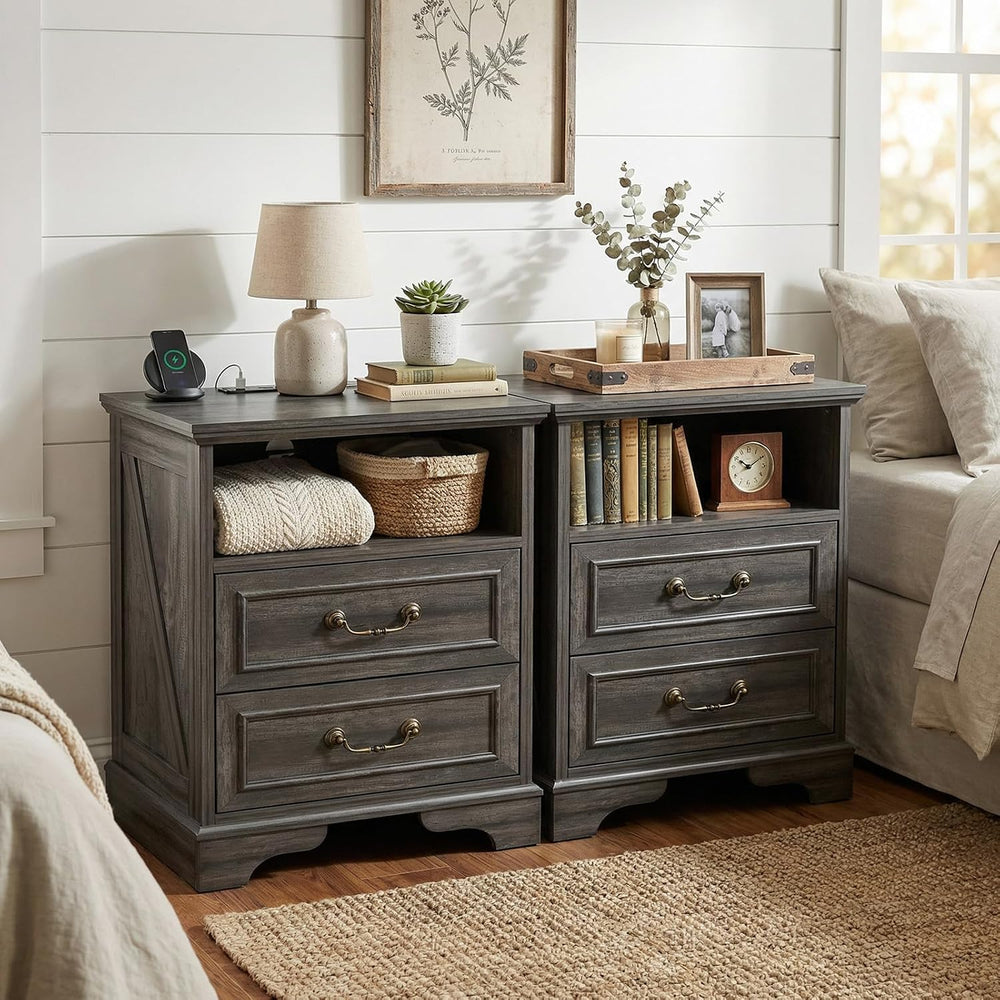 Farmhouse End Table with Charging Station, Rustic Wood Nightstand with 2 Larg...