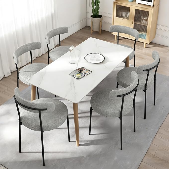 Boucle Dining Chairs Set of 2, Round Kitchen Chairs with Curved Backrest and ...