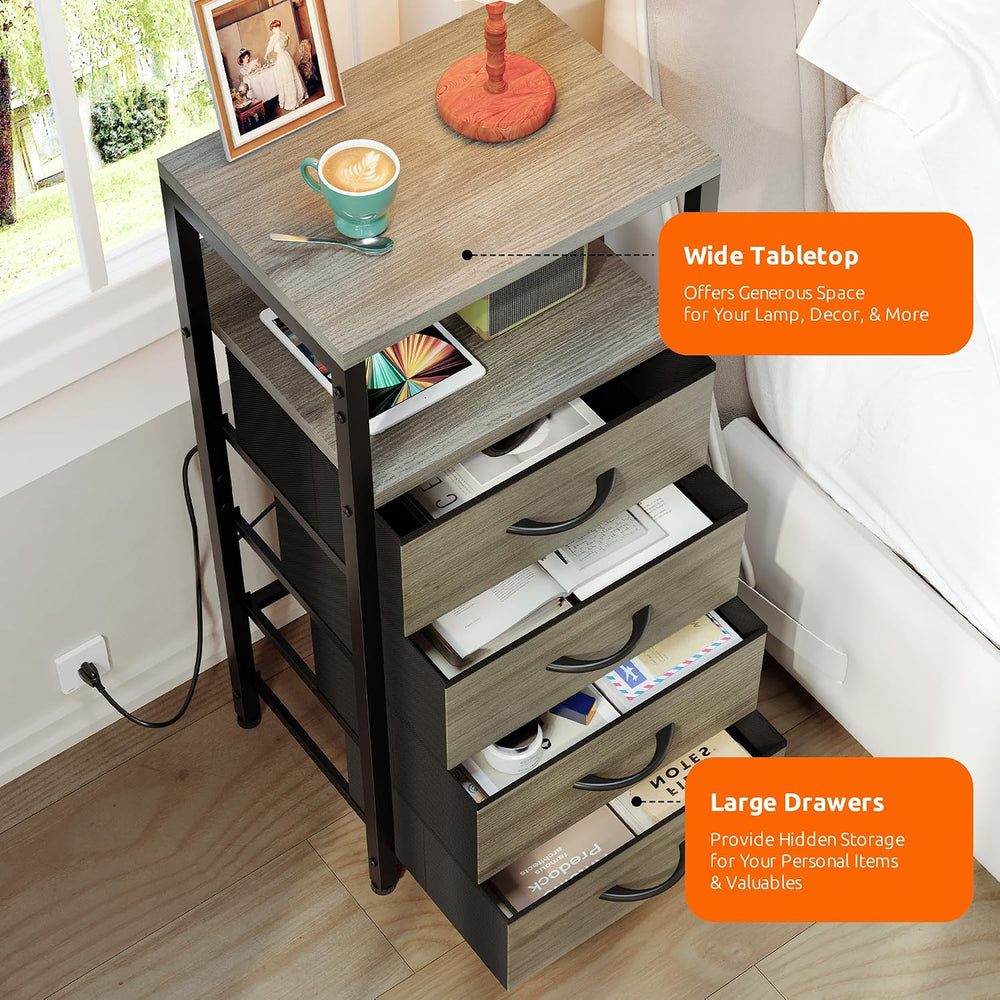 Lazzanto Night Stand with Charger Station, 4 Fabric Drawers, Grey | Nightstan...