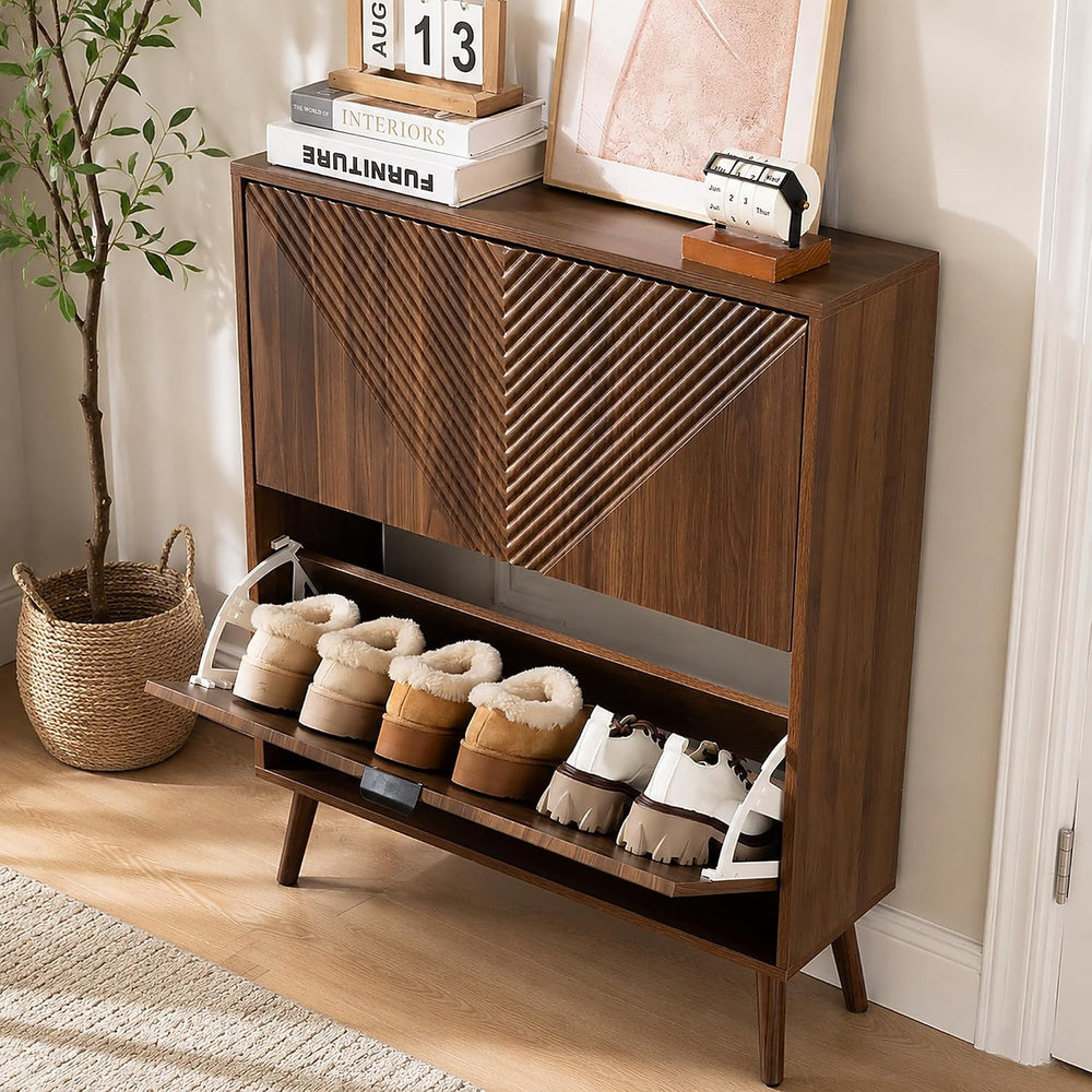 Shoe Cabinet Storage, Farmhouse Freestanding Organizer with 2 Flip Drawers