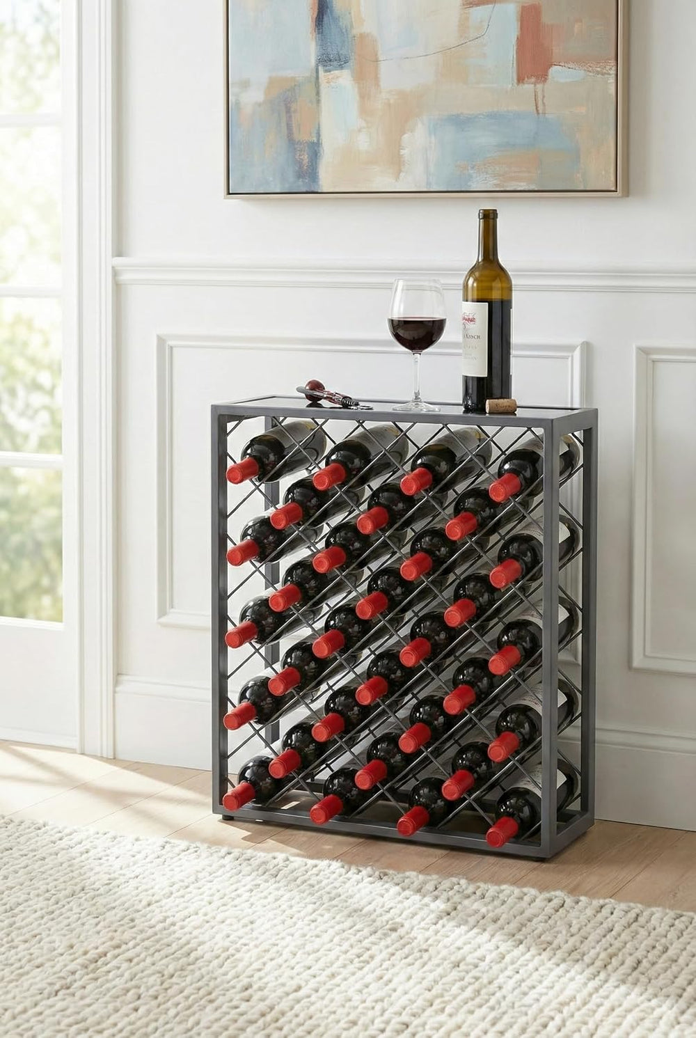 Mango Steam 32 Bottle Gray Wine Rack with Gray Glass Top Shelf, Free Standing...