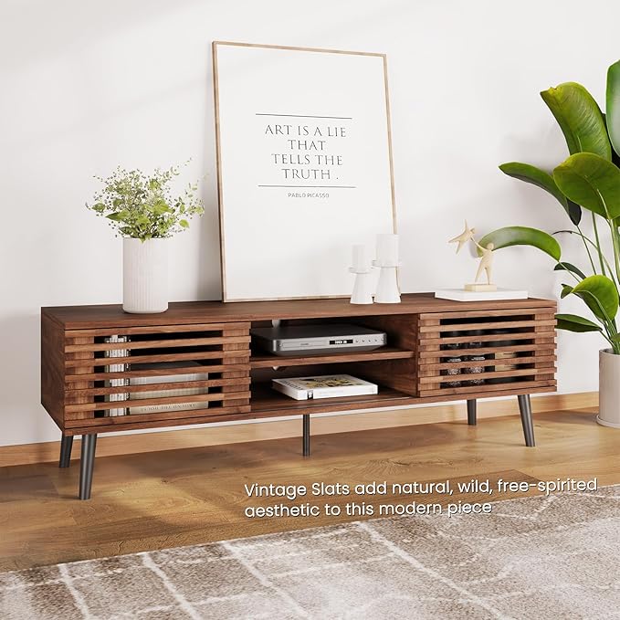 HAIOOU Mid Century Modern TV Stand, 52" Wooden TV Console with Slatted S...