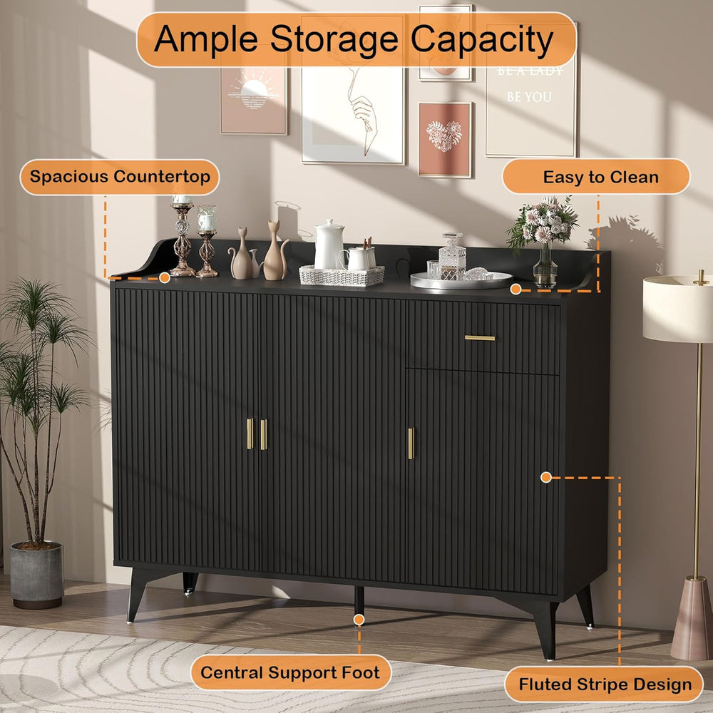 Sideboard Buffet Cabinet with Drawers: 47" Black Fluted Sideboard Cabine...