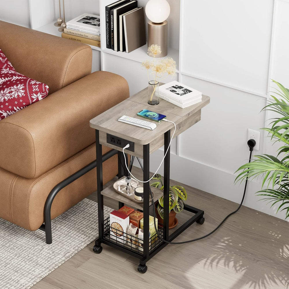 TrailBlaze C-Shaped Side Table with Charging Station, Flip Top End Table with...