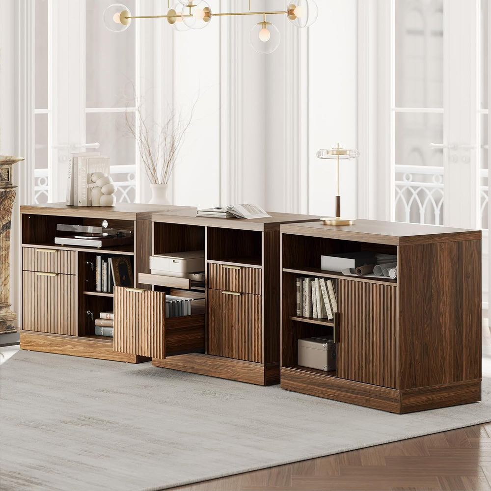 3 Drawer File Cabinet, Fluted Wood Lateral Filing Cabinet with Charging Stati...