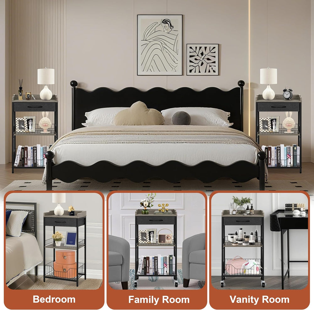 Tall Side Table with Drawer and Shelves, Narrow End Table with Optional Wheel...