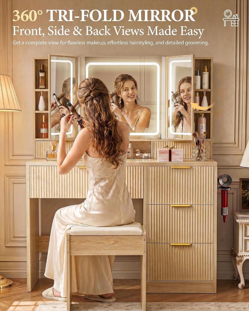 COMHOMA Vanity Desk with 3-Way Mirror and Lights, Makeup Vanity with 360° Vie...
