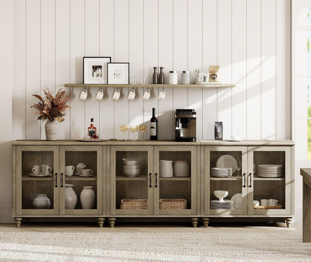 WAMAPT Farmhouse Sideboard Credenza with 6 Glass Doors, Large Coffee Bar Tabl...
