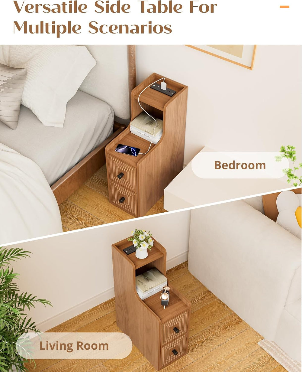 Set of 2 Narrow End Table with Charging Station, Wooden Slim Side Table with ...