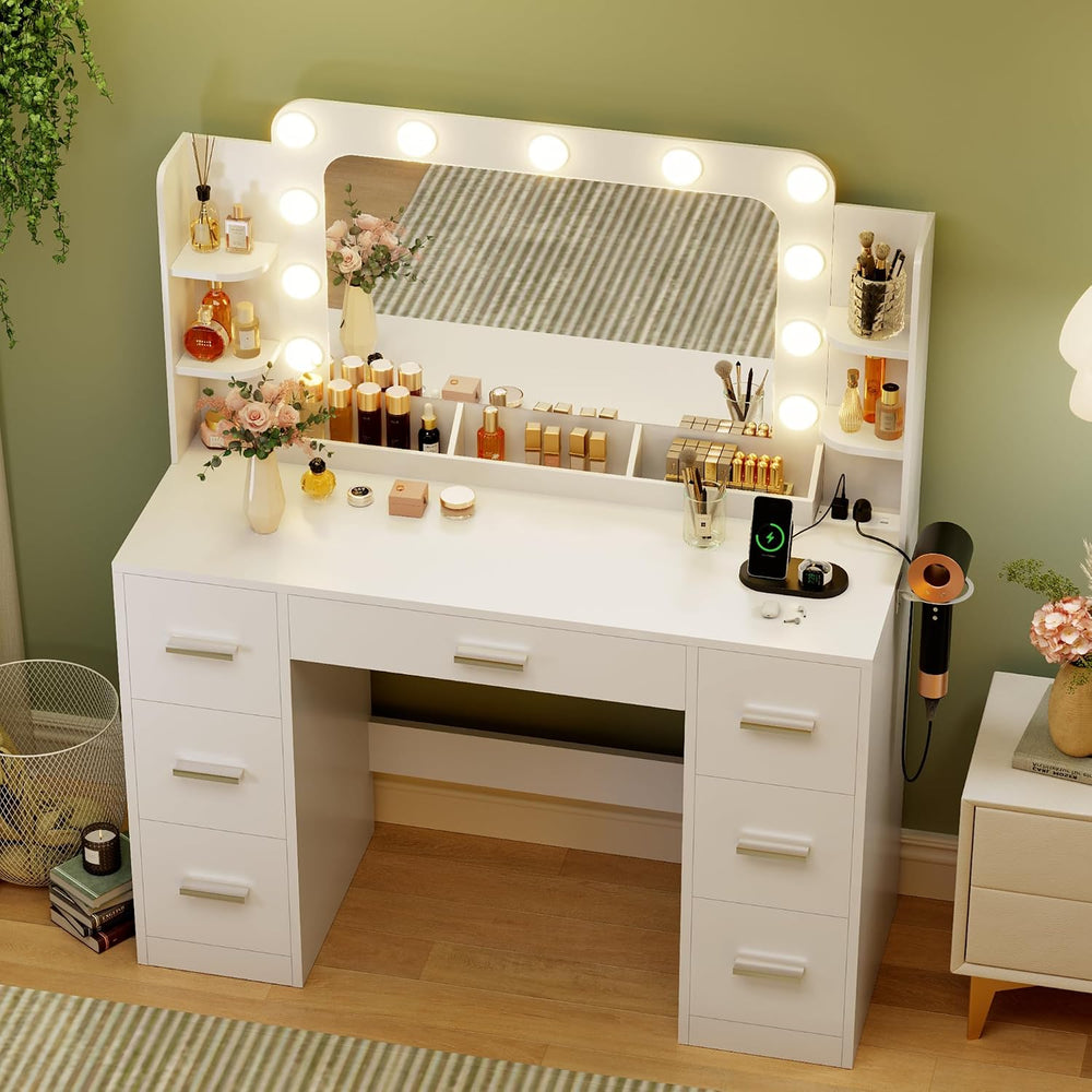 JUMMICO Makeup Vanity Desk with Large Mirror and Lights, Vanity with Power St...