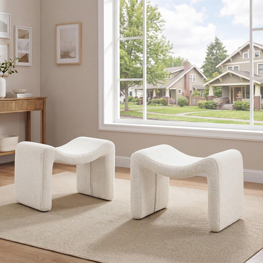 Modern Boucle Ottoman, Vanity Stool Chair, Foot Stool with Wooden Legs Sofa B...