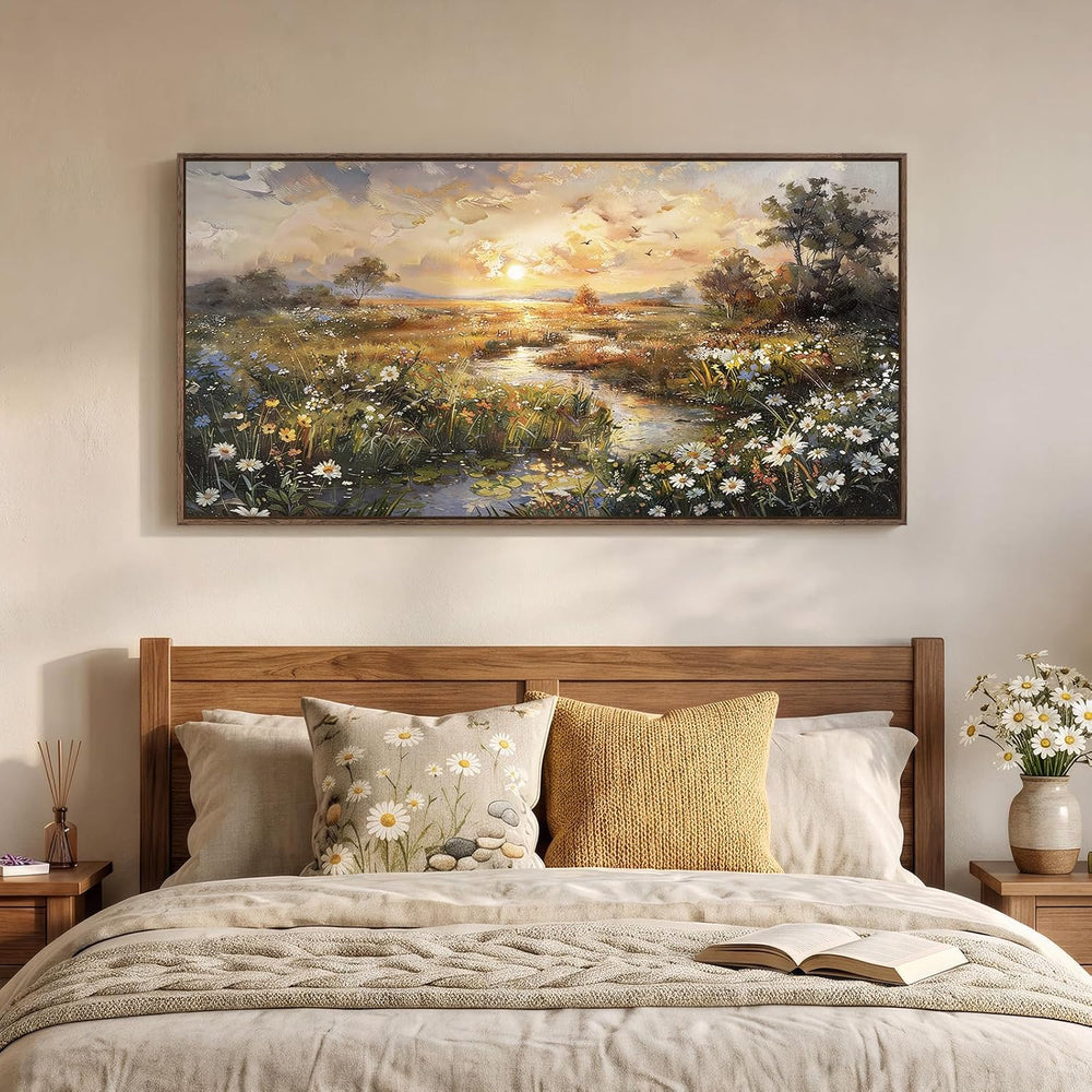 Large Framed Vintage Sunset Landscape Wall Art for Living Room, 60x30 Inch