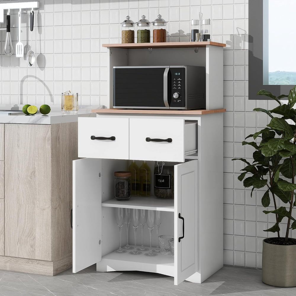 Modern White Wooden Kitchen Pantry Cabinet with Microwave Stand, Storage Draw...