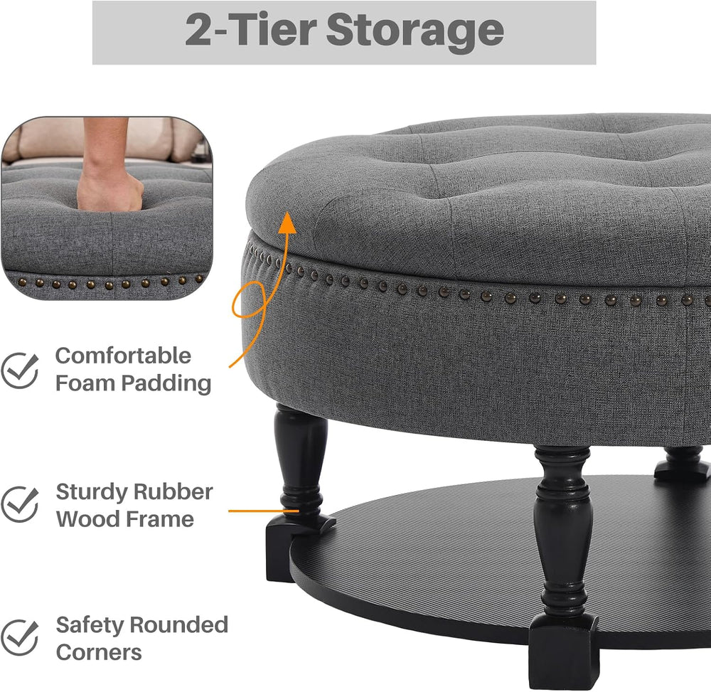 Round Storage Ottoman Coffee Table with Shelf, Fabric Dark Gray | Multi-funct...