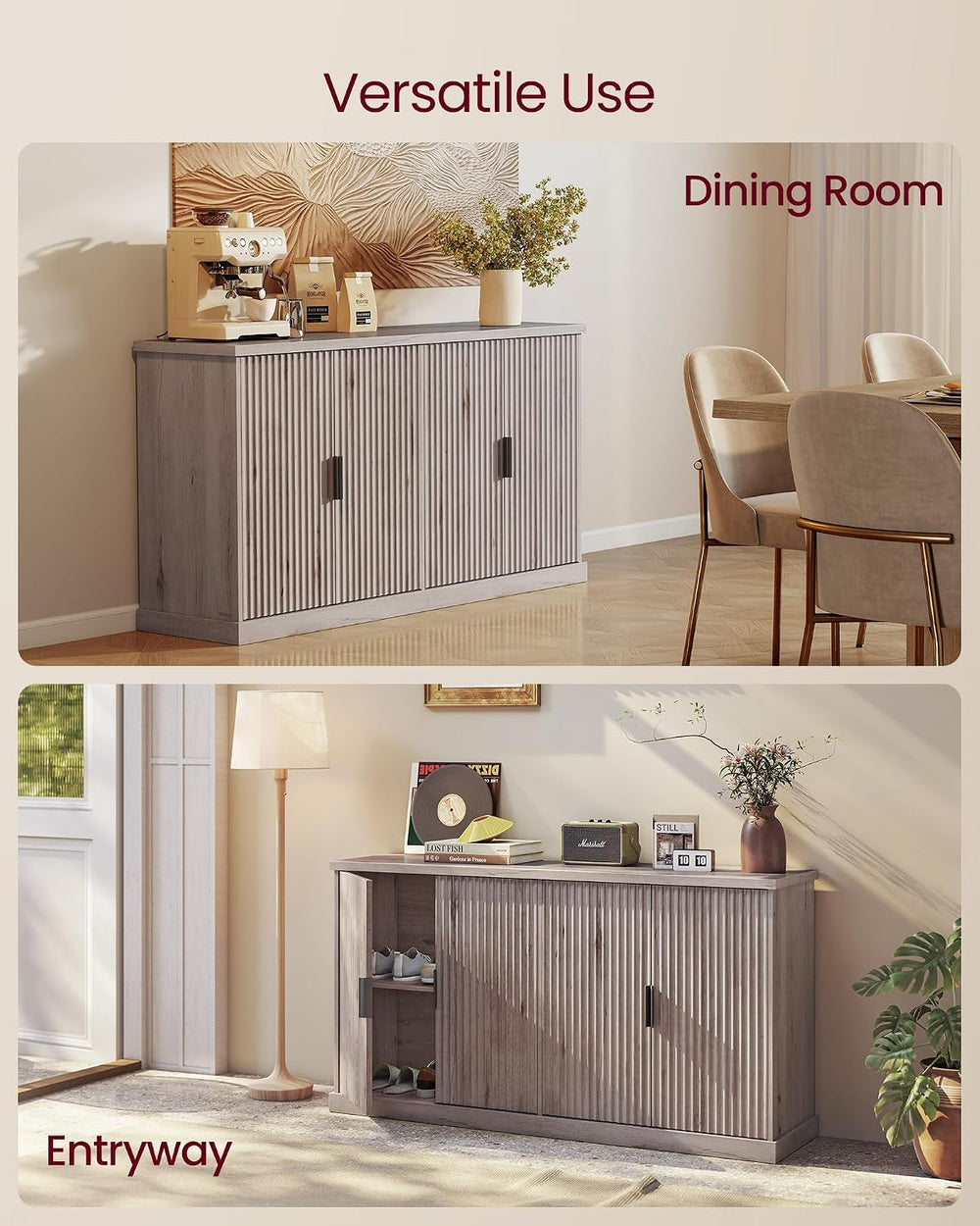 VASAGLE Contemporary Buffet Cabinet with Adjustable Shelves, Fluted Doors