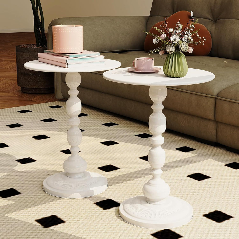White Side Tables Set of 2 with Metal Pedestal Round End Tables for Small Spa...