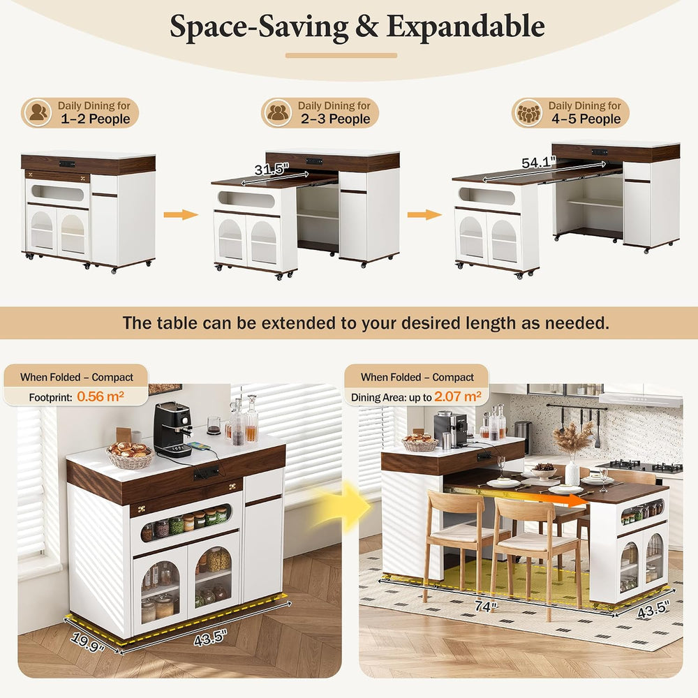 Extendable Dining Table with Extra-Long Folding Top, Rolling Kitchen Island w...