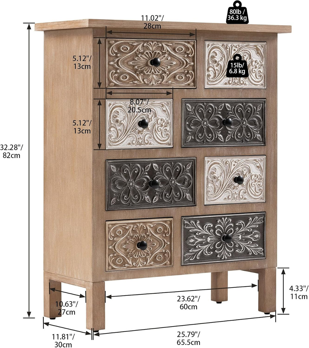 COSIEST 8-Drawer Boho Accent Cabinet, Hand-Carved Wood, Fully Assembled